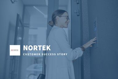 Nortek customer success story featuring a woman using a wall-mounted building access control panel